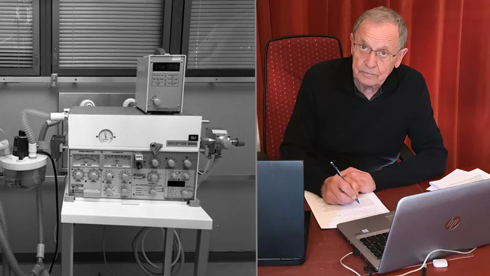 bild ServoVentilatorn (1980-tal) som Björn Jonson utvecklade på 60-talet. Till höger: Björn Jonson idag, fullt upptagen med utveckling av en respirator för covid-19. Bildkälla: Sydsvenska Medicinhist. Sällskapet och privat bild.