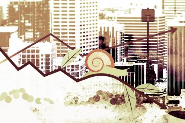 Collage -En snigel kryper i en nedåtgående kurva med höghussiluett bakom sig