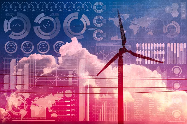 Illustration som visar vindkraftverk, kommunikationer och andra saker som ska symbolisera hållbarhet.