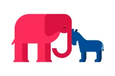 Elefant och åsna. Republikaner och demokrater i USA. Tecknad bild.