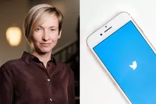 Sara Moricz, porträttfoto, samt foto av en iphone med Twitter-loggan synlig på skärmen. Collage.