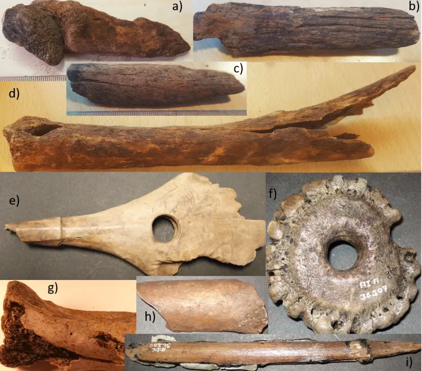 Akeologiska föremål från utgrävningar vid olika tidpunkter.